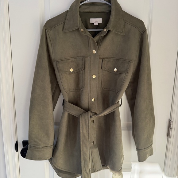 LOFT Jackets & Blazers - NWT LOFT XS Olive Faux Suede Shirt Jacket Belted Utility Shacket